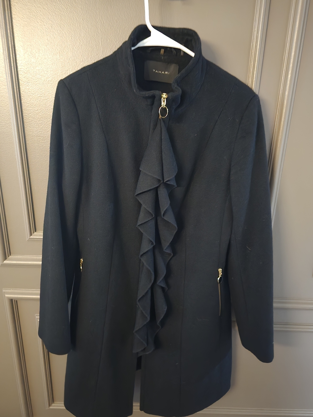 Tahari Black Ruffle-Front Trench Coat